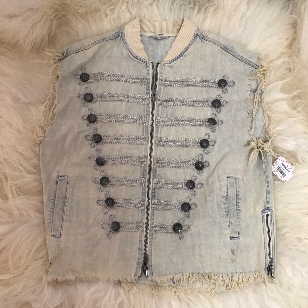 Free People Embroidered Officer Striped Denim Vest - Picture 3 of 8